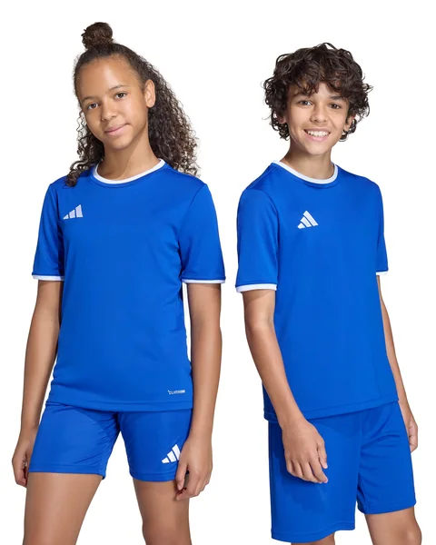 Two kids in the blue Entrada 26 Jersey and shorts